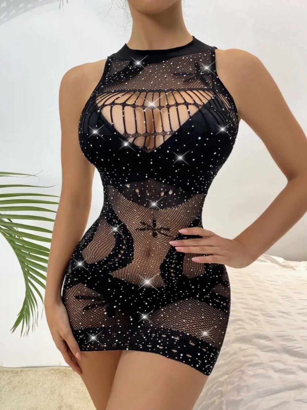 Black Rhinestone Cutout Mesh Mini Dress